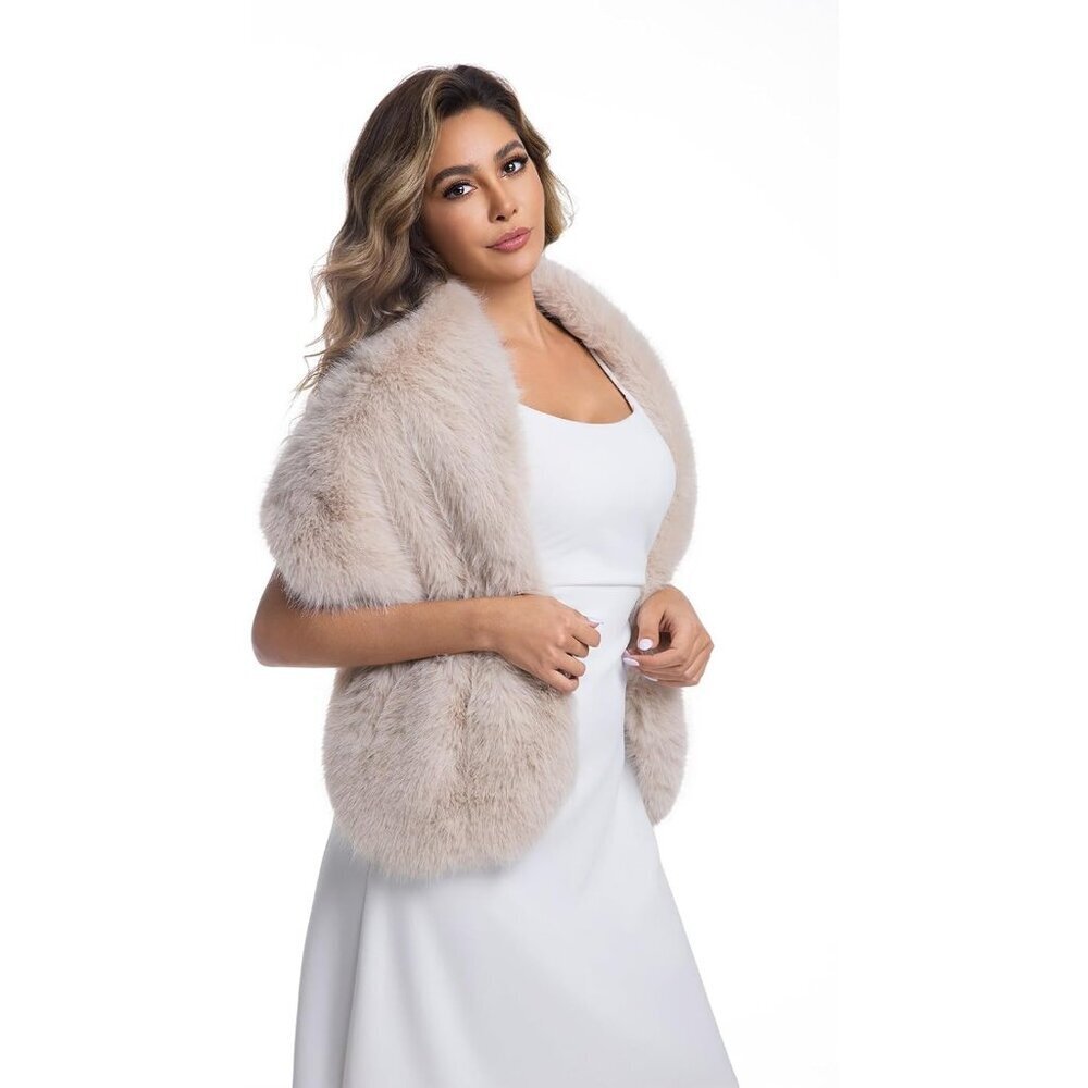 Women's Beige Faux Fur Winter Warm Wedding Neck Warmer Shawl Collar Scarf Stole - Picture 3 of 8